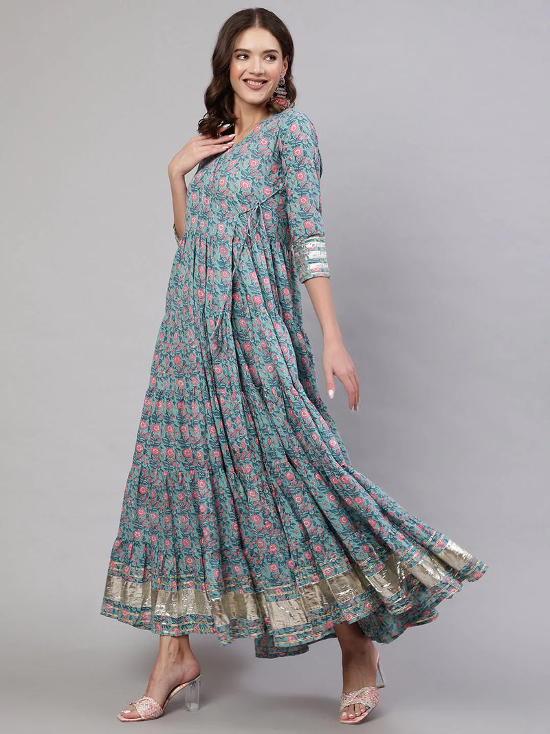 RAYON PRINTED ANKLE LENGTH FLARED 3/4 SLEEVE ROUND NECK KURTA WITH DUPATTA SET