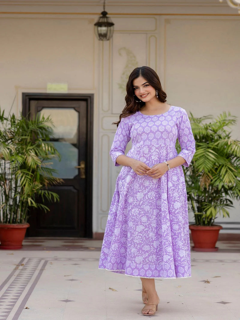 PURPLE ETHNIC PRINTED FLARED DRESS