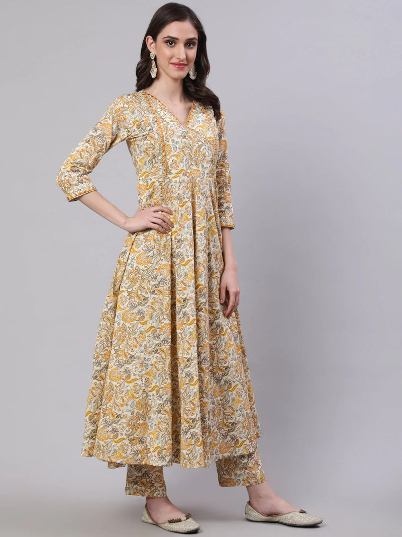 COTTON CALF LENGTH PRINTED SEMI-FLARED 3/4 SLEEVES V-NECK KURTA BOTTOM DUPATTA SET