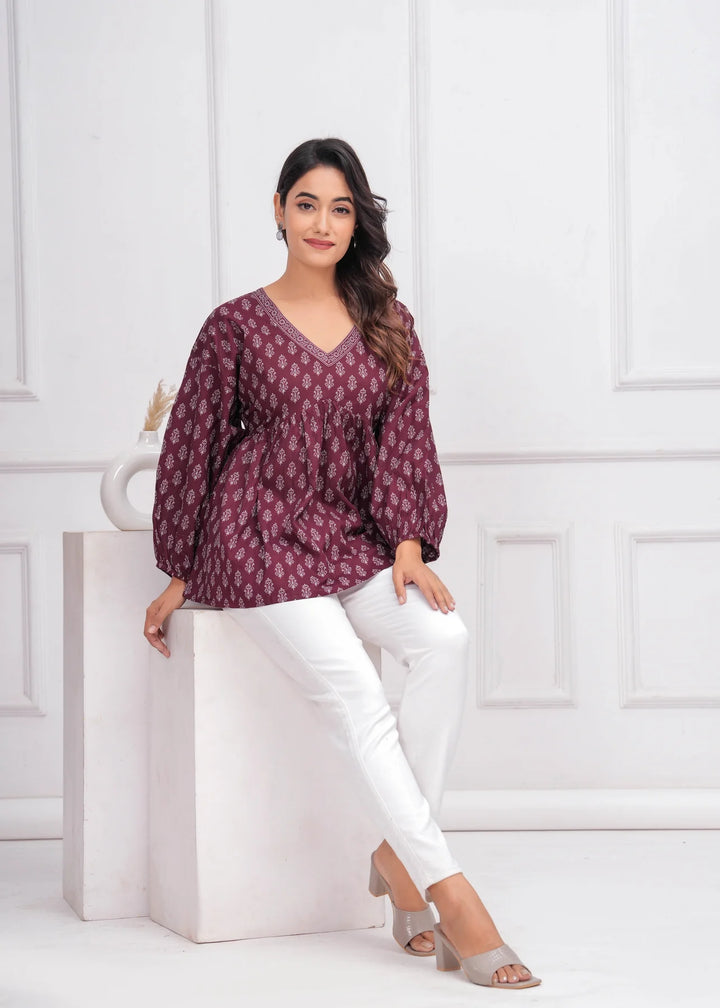 Peplum Top in Burgundy Blossom