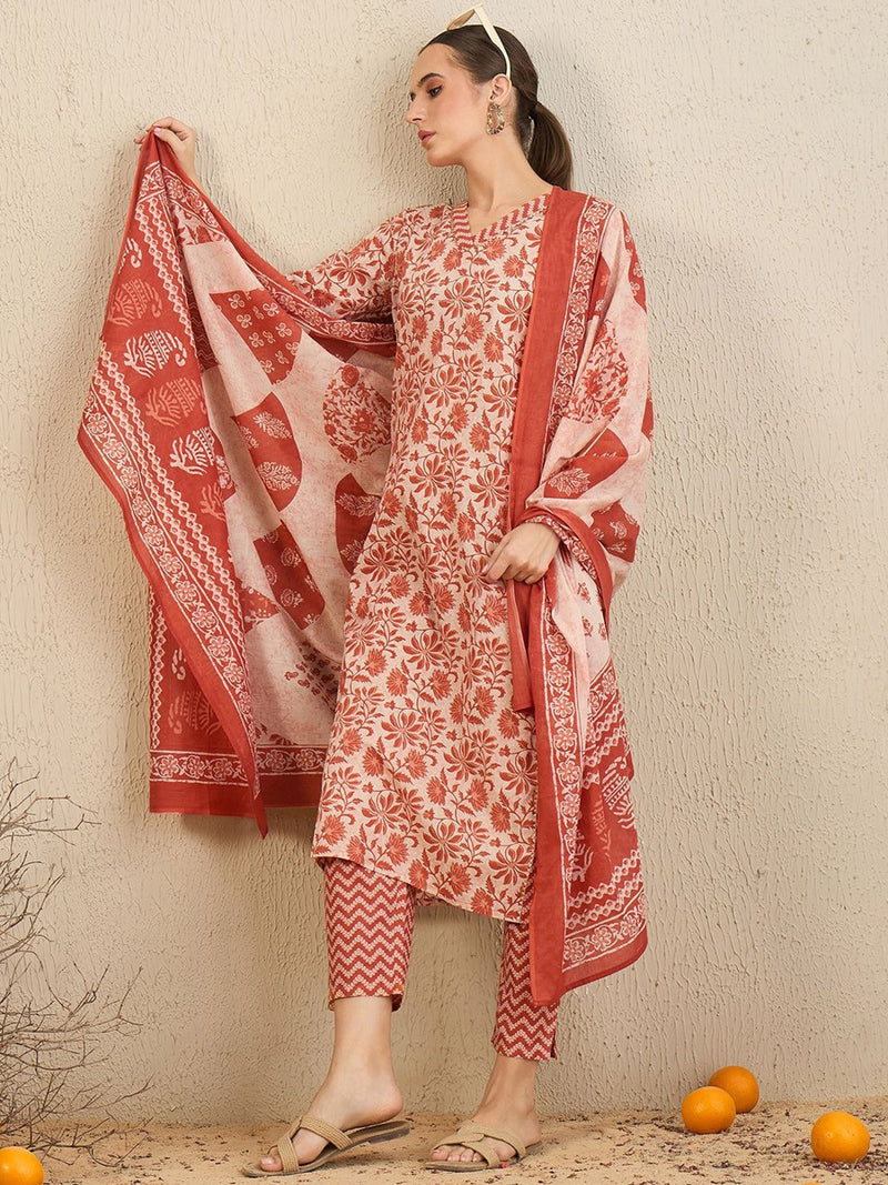 Floral Printed Gotta Patti Pure Cotton Straight Kurta With Trousers & Dupatta