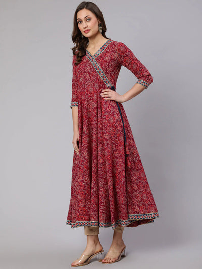 COTTON PRINTED V NECK 3/4 SLEEVE FLARED KURTA