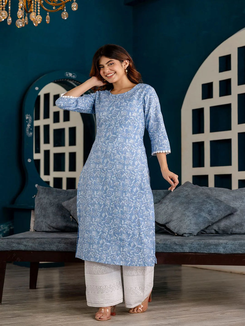 BLUE PRINTED STRAIGHT KURTA WITH THREE QUARTER SLEEVES