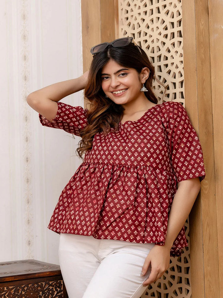 MAROON PRINTED V-NECK PEPLUM TUNIC