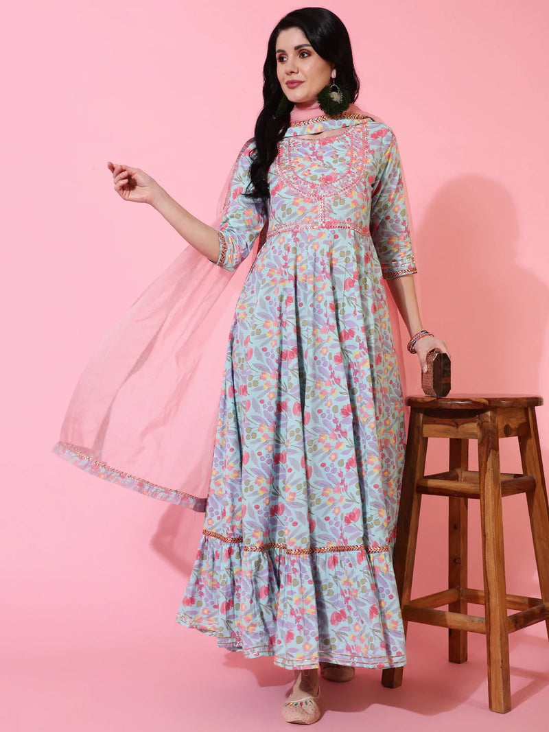 COTTON FULL LENGTH FLARED 3/4 SLEEVES PRINTED ROUND NECK KURTA AND DUPATTA SET