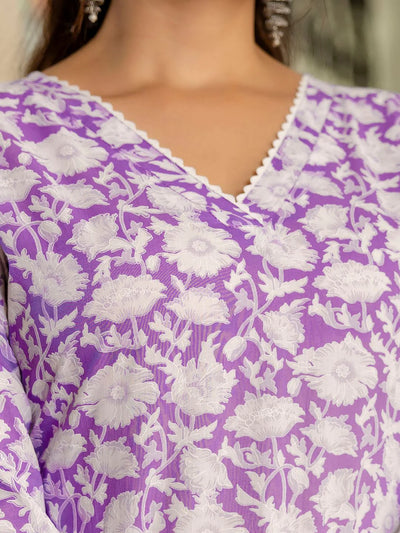 PURPLE ETHNIC PRINTED STRAIGHT KURTA WITH THREE QUARTER SLEEVES