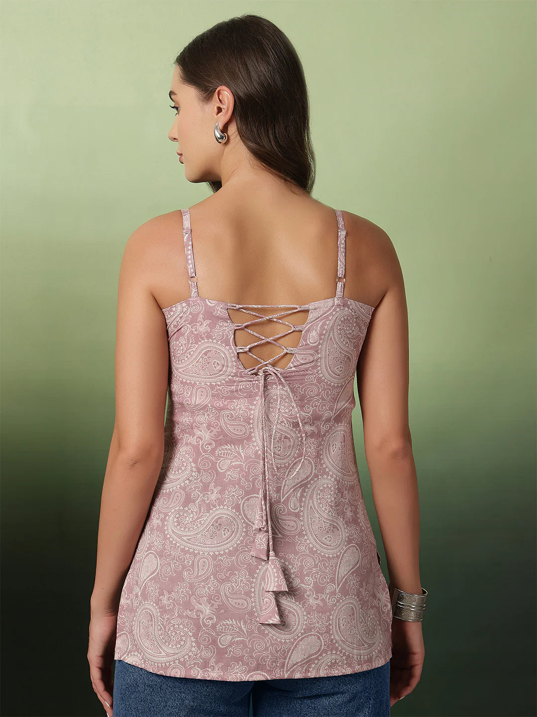 Strappy printed peplum top in Blush Paisley