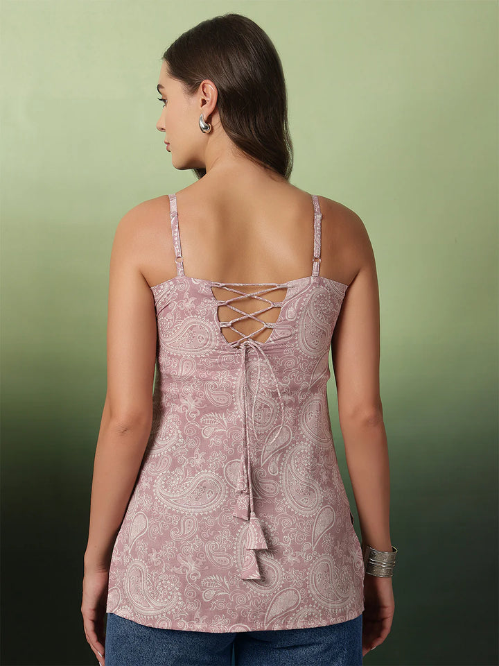 Strappy printed peplum top in Blush Paisley