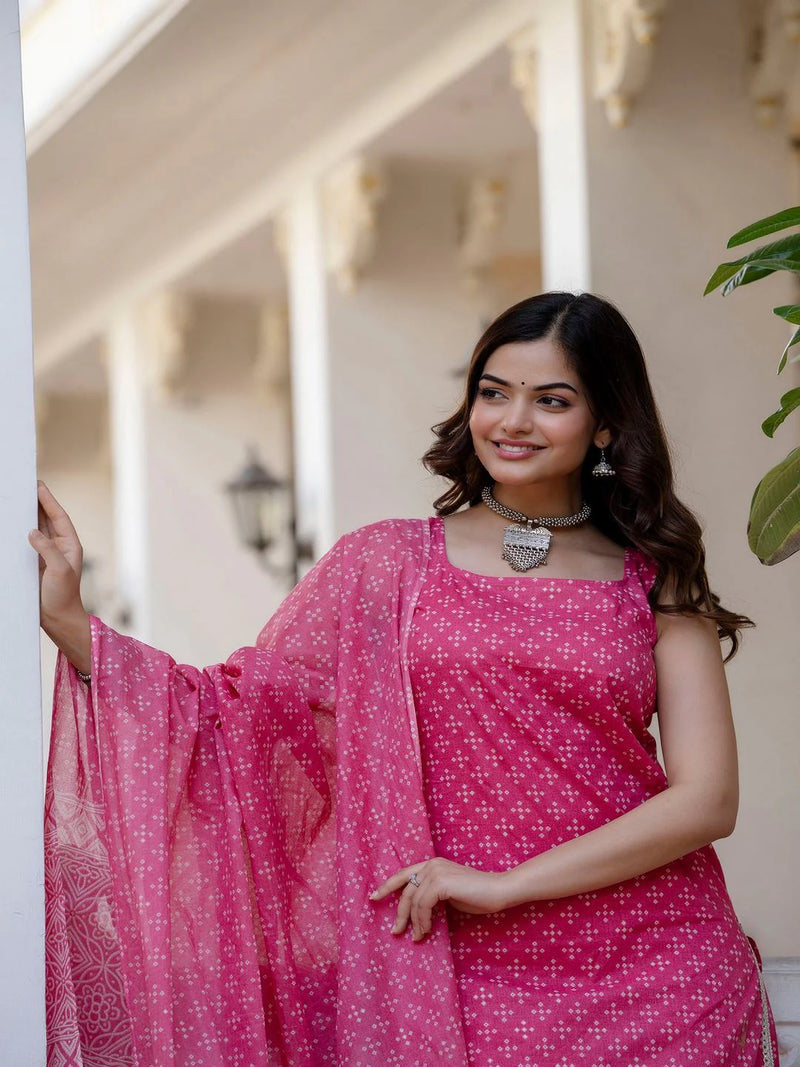 PINK PRINTED STRAIGHT KURTA WITH TROUSER AND DUPATTA