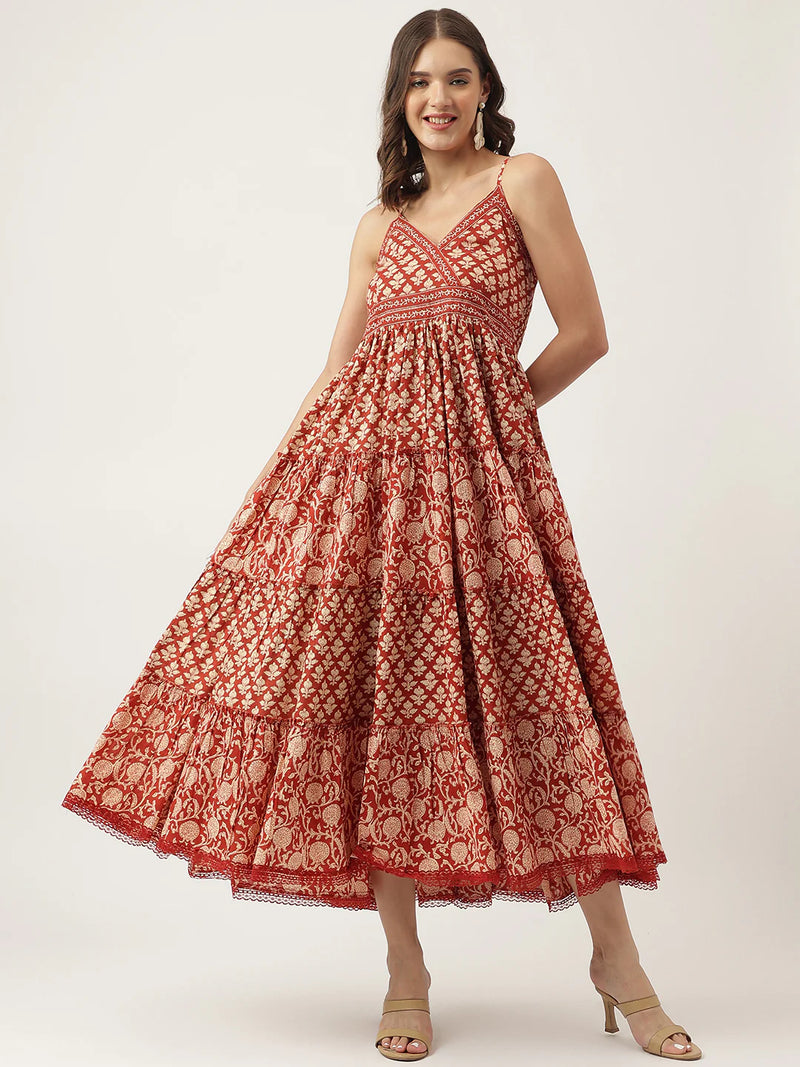 Maroon Floral printed Cotton Tiered Dress with Smock Back