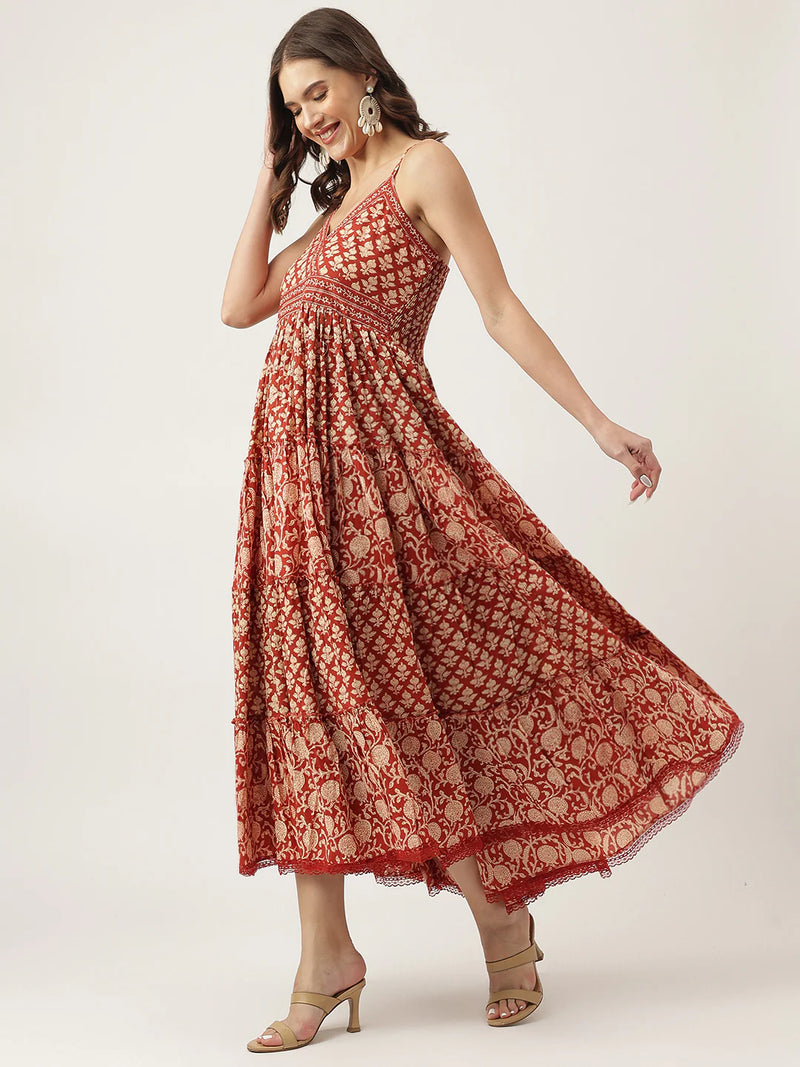 Maroon Floral printed Cotton Tiered Dress with Smock Back