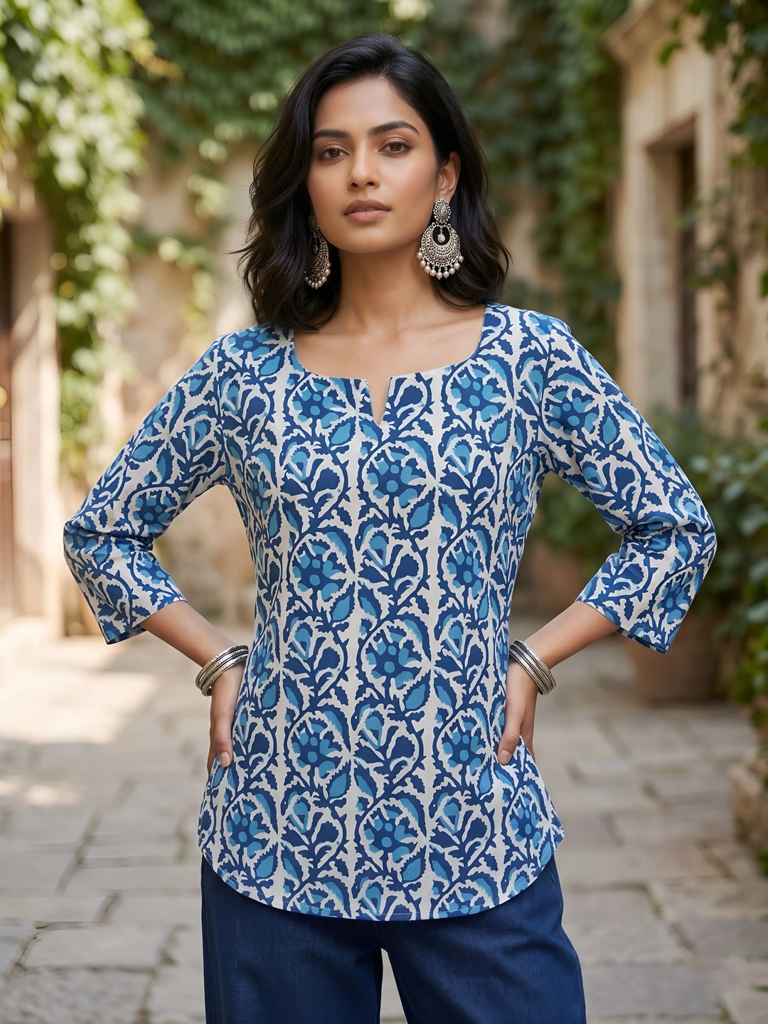 Blue Printed Straight Tunic With Tie-up Neck