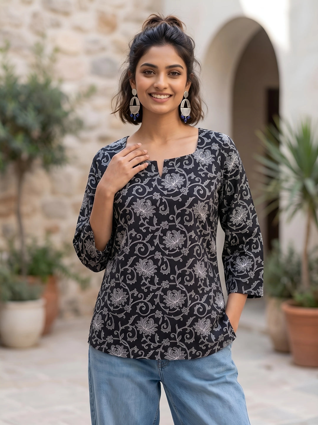 Black Ethnic Printed Straight Tunic