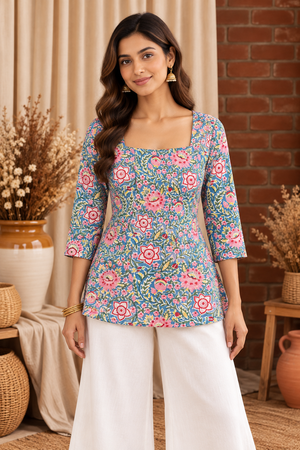 Indigo Blossom 3/4 Sleeve Top