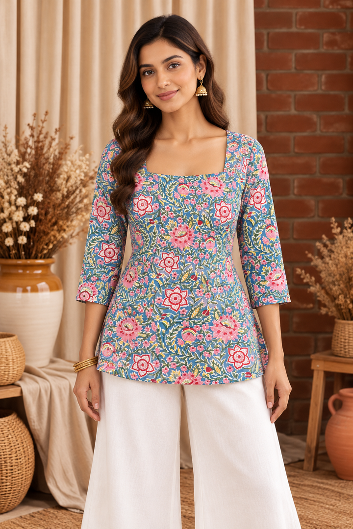 Indigo Blossom 3/4 Sleeve Top