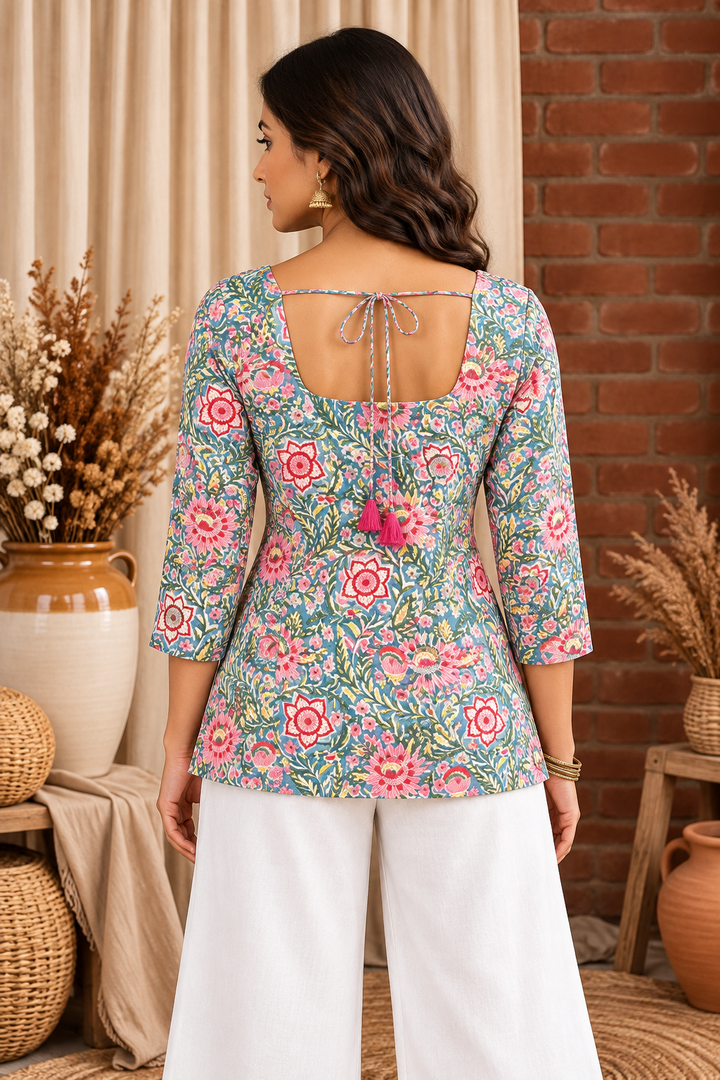 Indigo Blossom 3/4 Sleeve Top