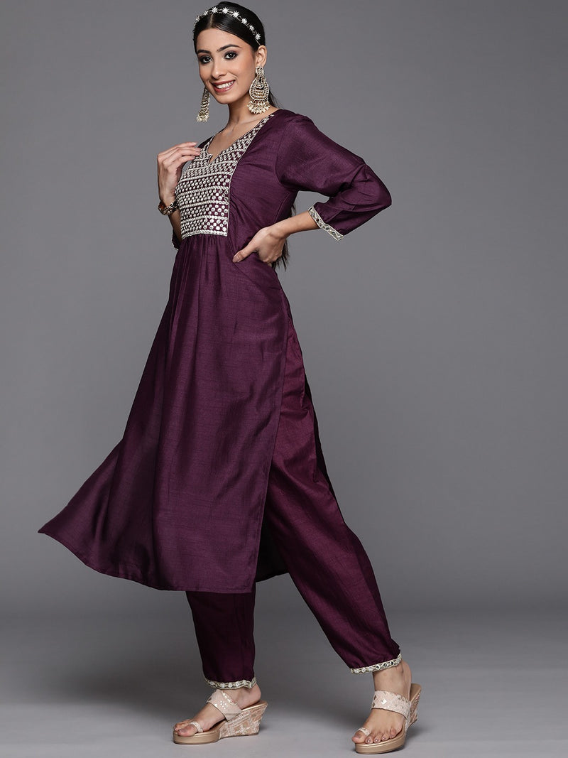 Purple Yoke Design Kurta with Trousers & Dupatta