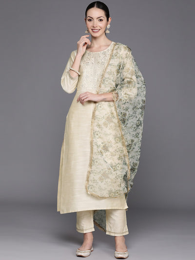 Floral Embroidered Regular Chanderi Silk Kurta with Trousers & Dupatta