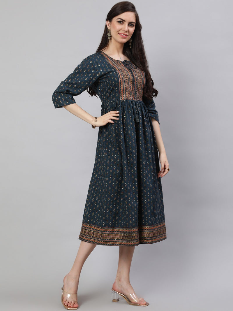 Teal Green Ethnic Motifs Printed Tie-Up Neck Cotton A-Line Midi Dress