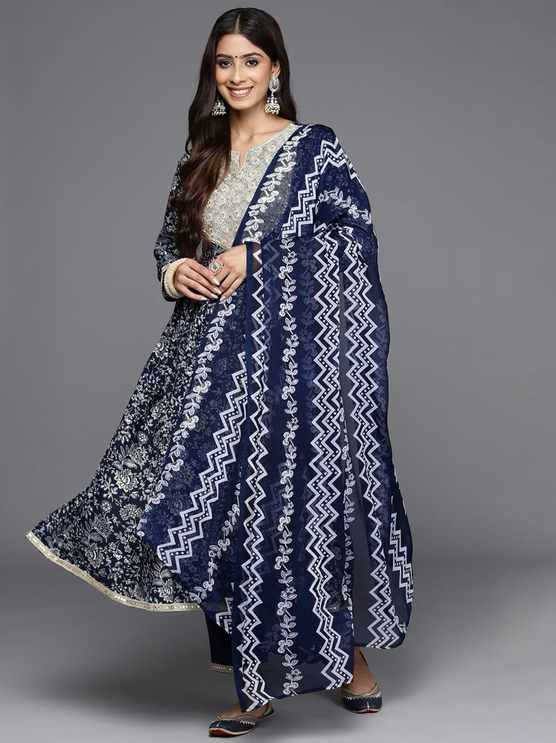 Floral Printed Regular Sequinned Pure Cotton Kurta with Trousers & Dupatta