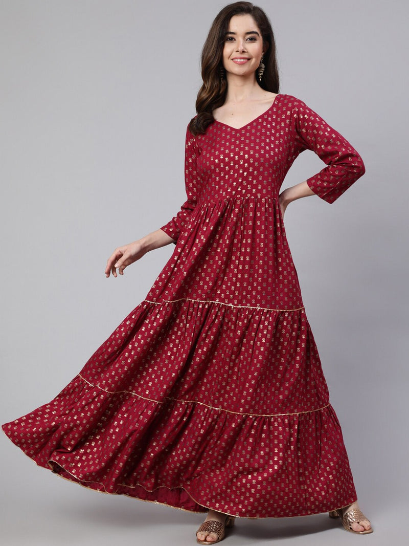 Burgundy Printed Flared Dress With Three quarter Sleeves