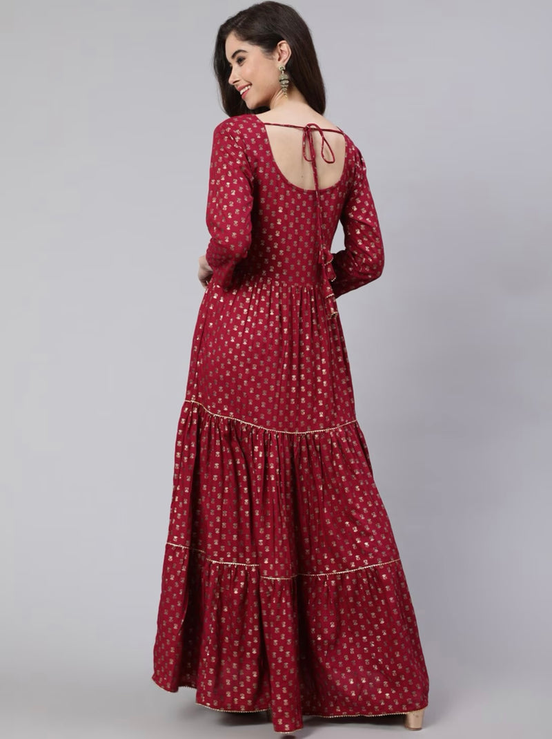 Burgundy Printed Flared Dress With Three quarter Sleeves