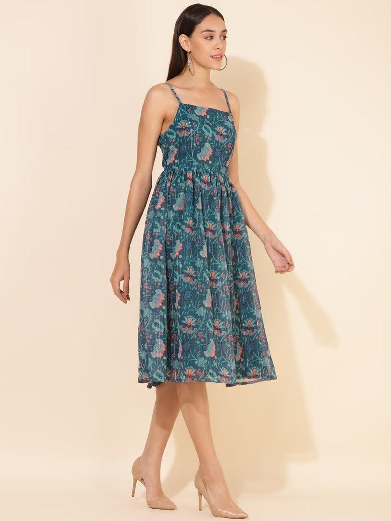 Floral Lurex Digital Printed Shoulder Straps Chiffon Fit & Flare Dress