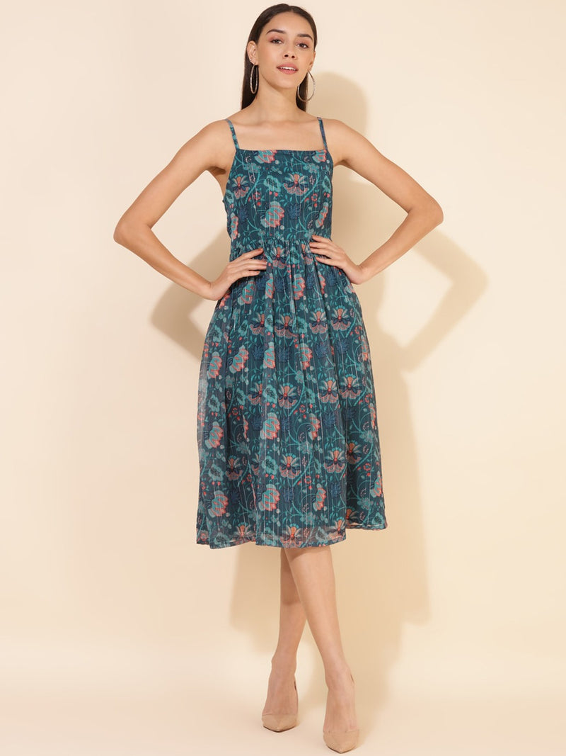 Floral Lurex Digital Printed Shoulder Straps Chiffon Fit & Flare Dress