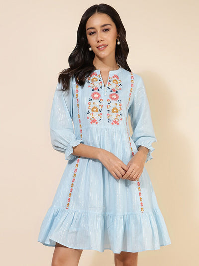 Floral Embroidered Bell Sleeves Gathered A-Line Dress