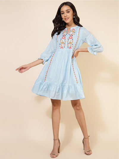 Floral Embroidered Bell Sleeves Gathered A-Line Dress
