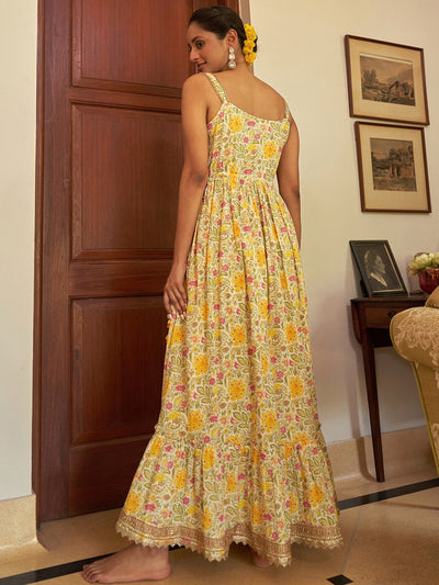 Floral Printed Gathered & Pleated Shoulder Strap Cotton Maxi Ethnic Dress