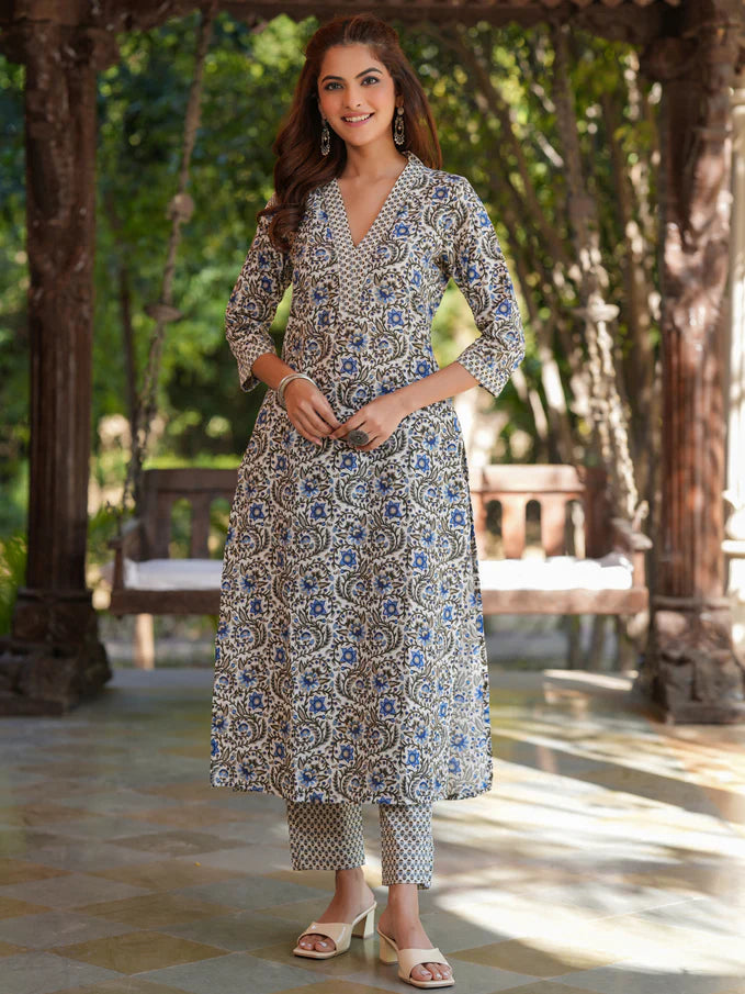 Neel Barfi Cotton Floral Printed Straight Kurta Pant Set