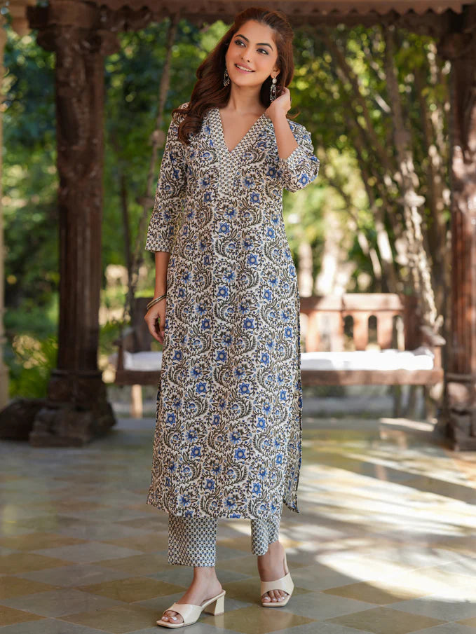 Neel Barfi Cotton Floral Printed Straight Kurta Pant Set