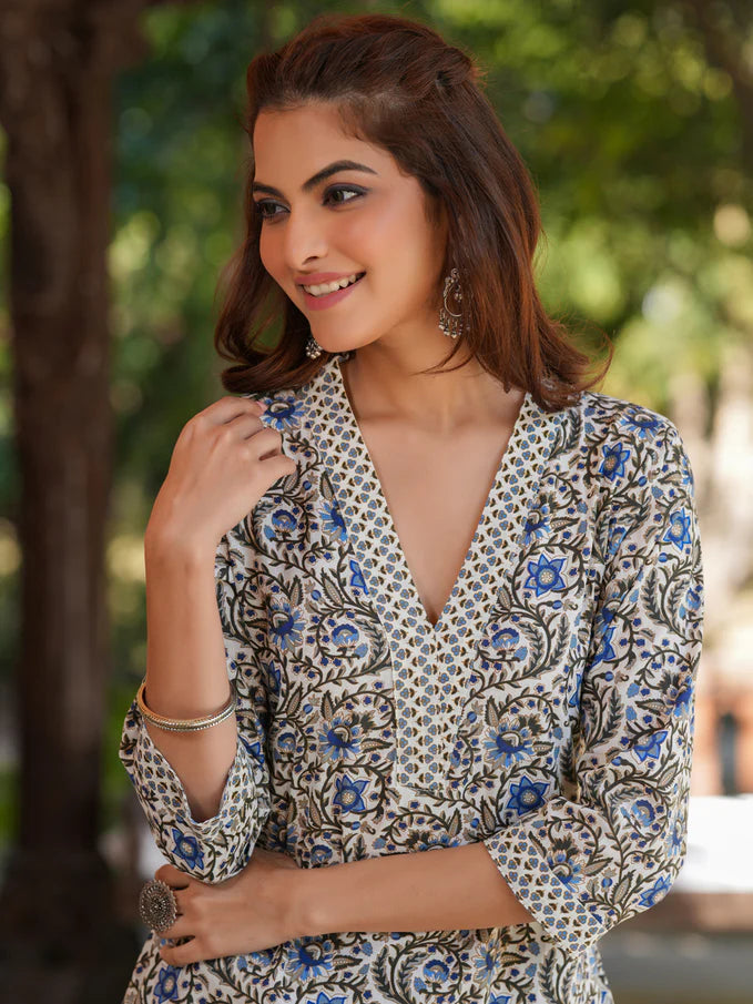 Neel Barfi Cotton Floral Printed Straight Kurta Pant Set