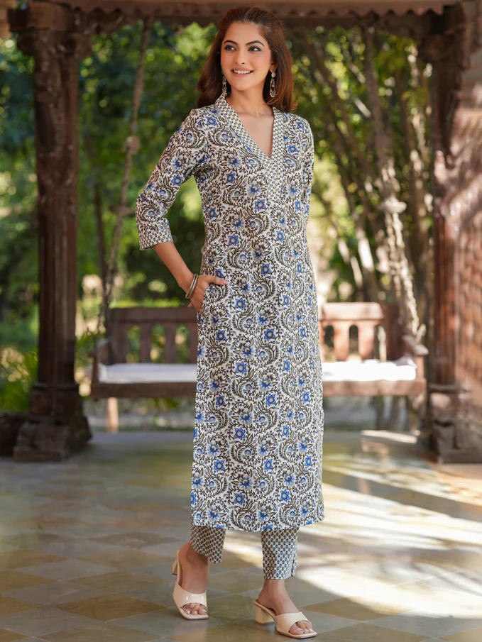 Neel Barfi Cotton Floral Printed Straight Kurta Pant Set