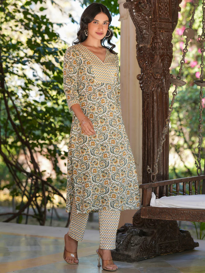 Badam Kesar Pure Cotton Floral Printed Straight Kurta Set
