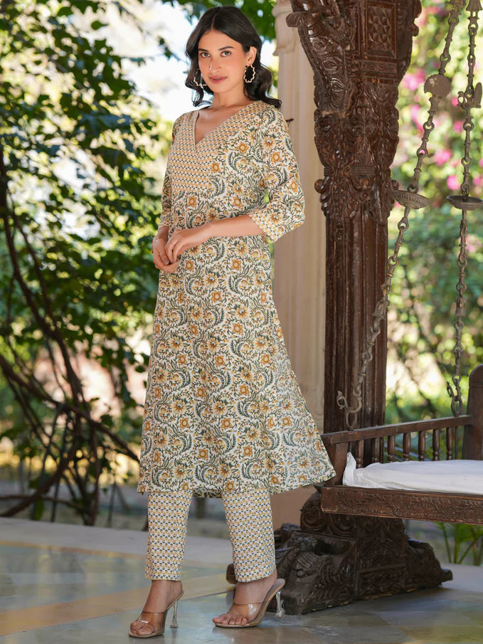 Badam Kesar Pure Cotton Floral Printed Straight Kurta Set