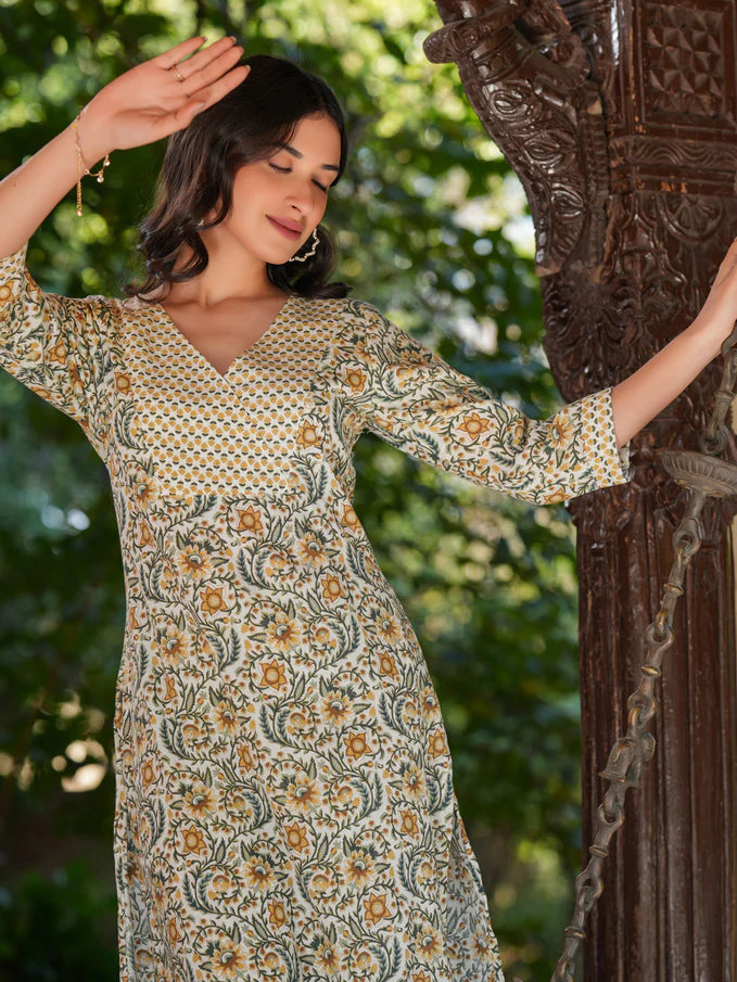Badam Kesar Pure Cotton Floral Printed Straight Kurta Set