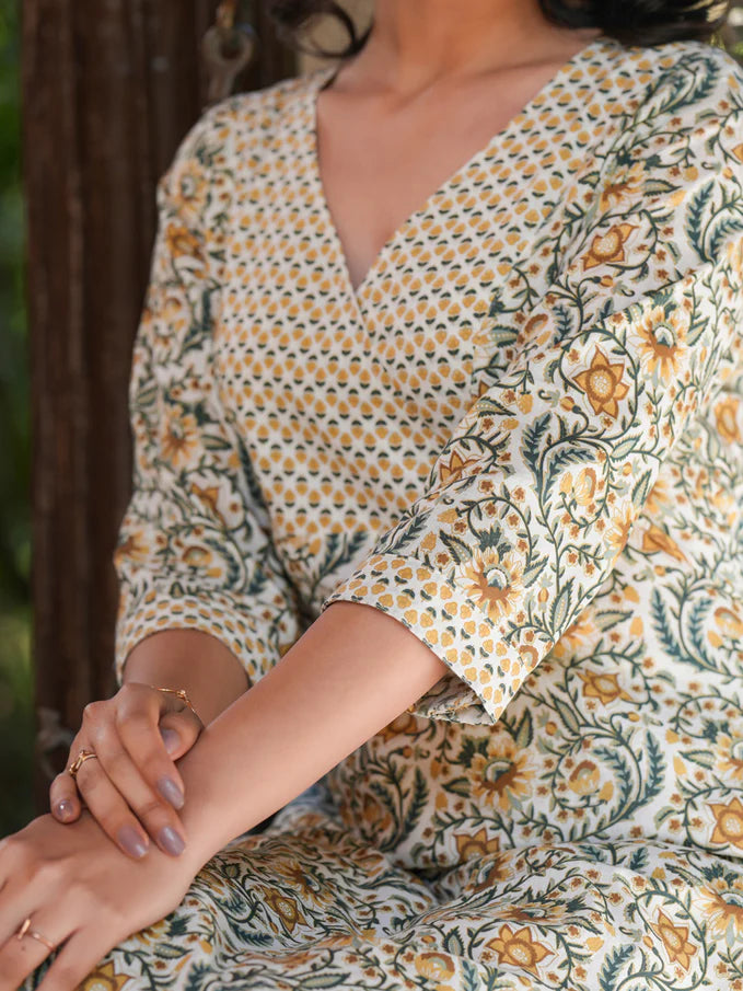 Badam Kesar Pure Cotton Floral Printed Straight Kurta Set