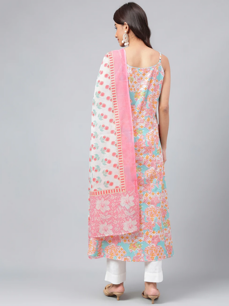 Multicolor Cotton Floral Printed Kurta with Pant and Dupatta