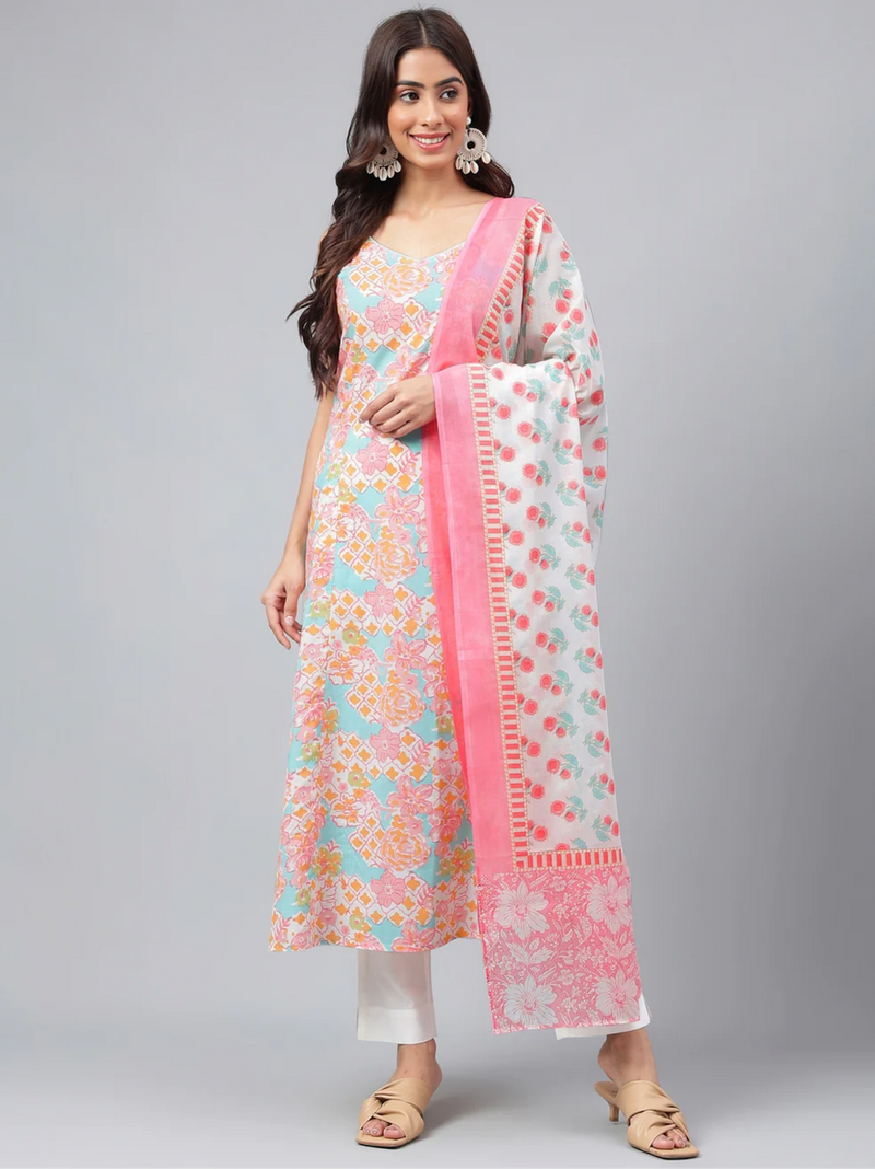 Multicolor Cotton Floral Printed Kurta with Pant and Dupatta