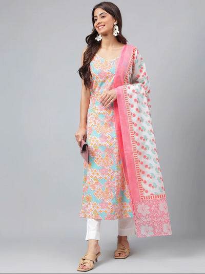 Multicolor Cotton Floral Printed Kurta with Pant and Dupatta