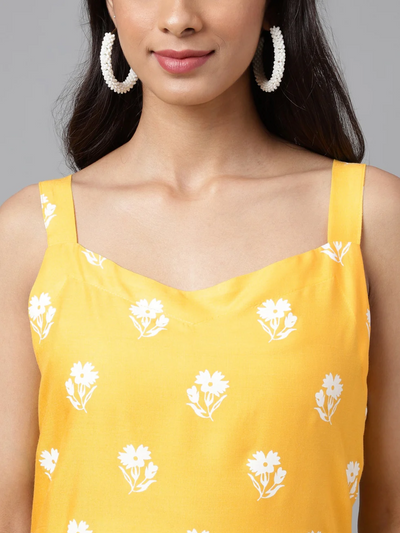 Mustard Cotton Floral Print Straight Kurta