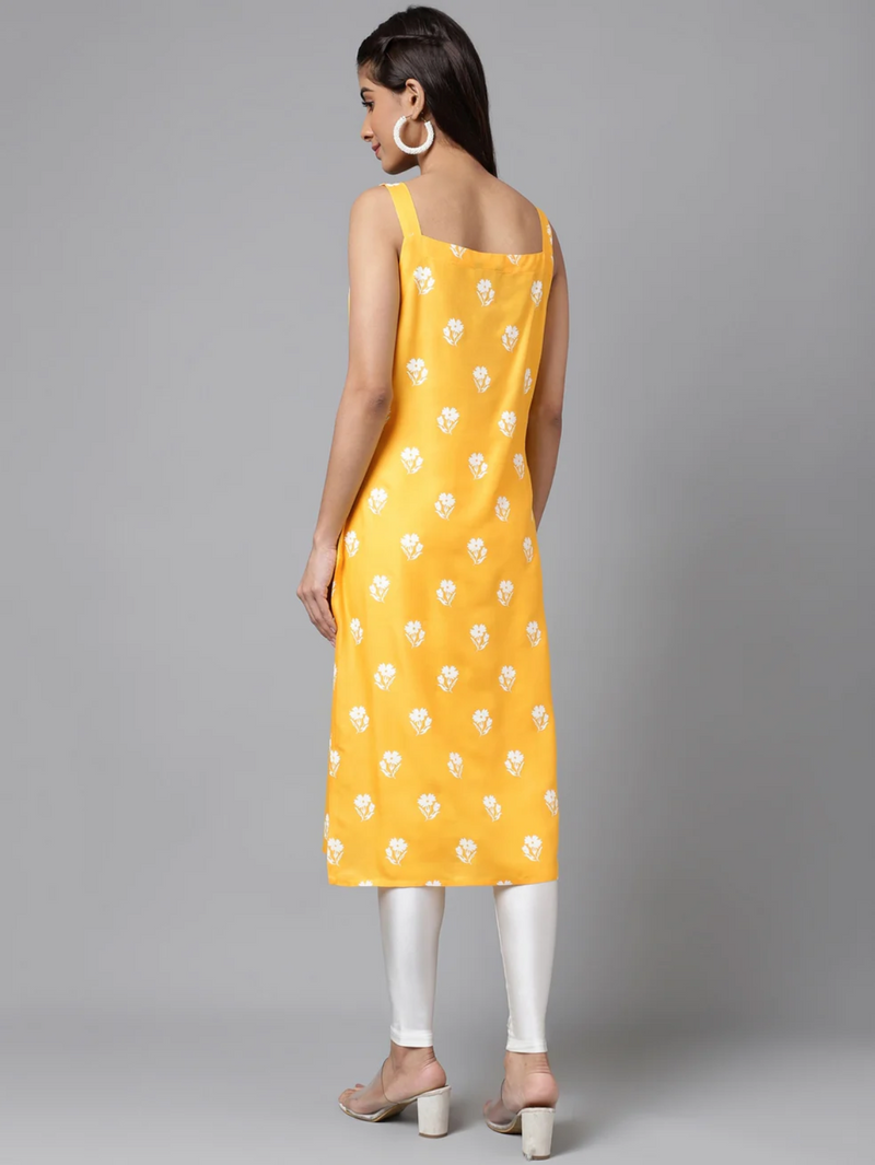 Mustard Cotton Floral Print Straight Kurta