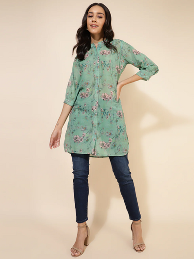 Light Green Georgette Floral Printed Regular Tunic