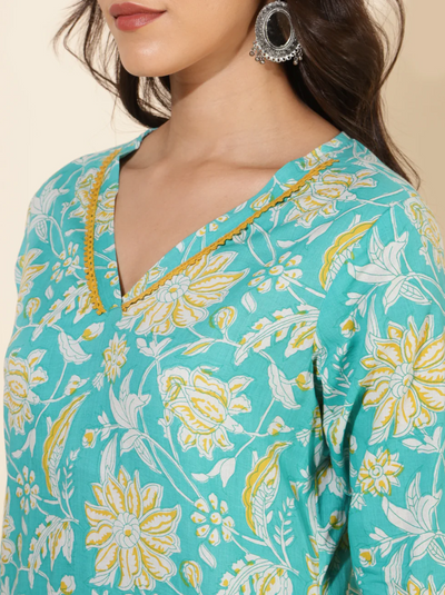 Blue Cotton Floral Printed Straight Kurta