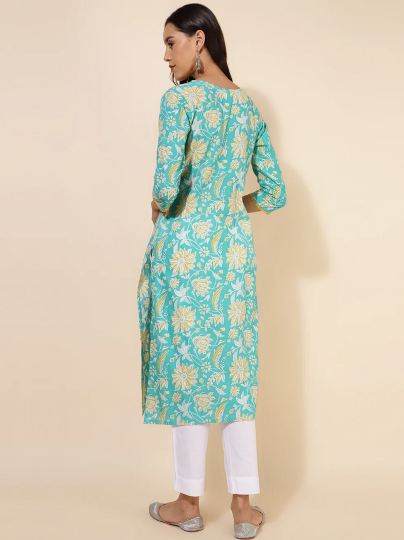 Blue Cotton Floral Printed Straight Kurta