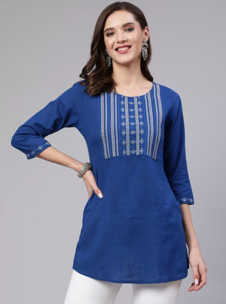 Blue & White Floral Embroidered Cotton Tunic