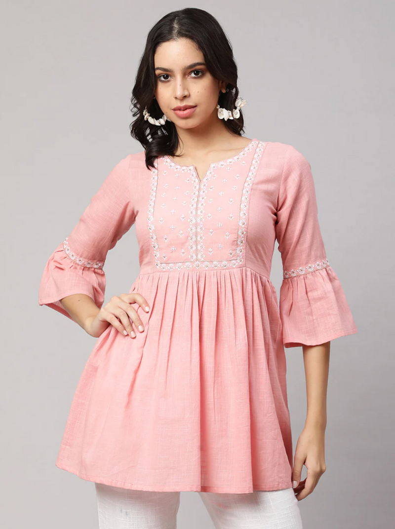 Notched Neck Embroidered Cotton Tunic