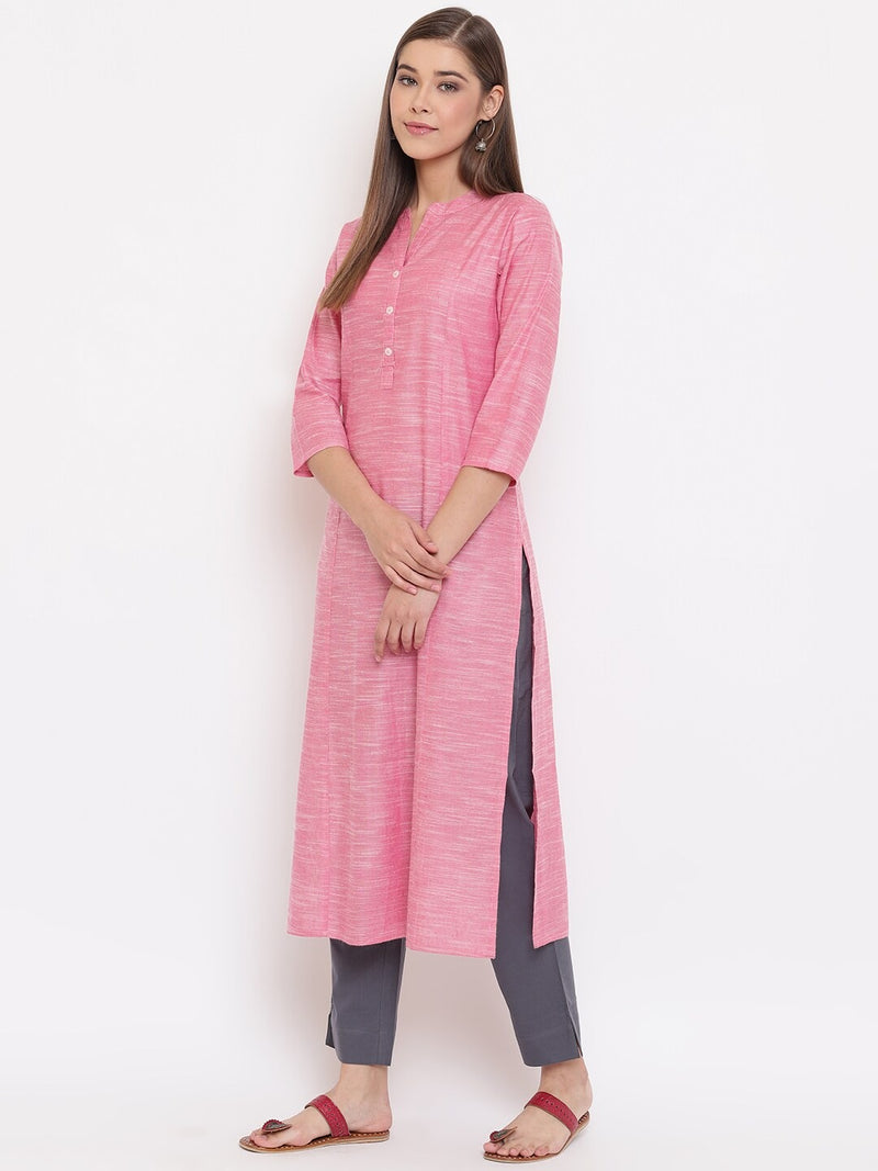 Pink Cotton Flex Woven Design Straight Kurta